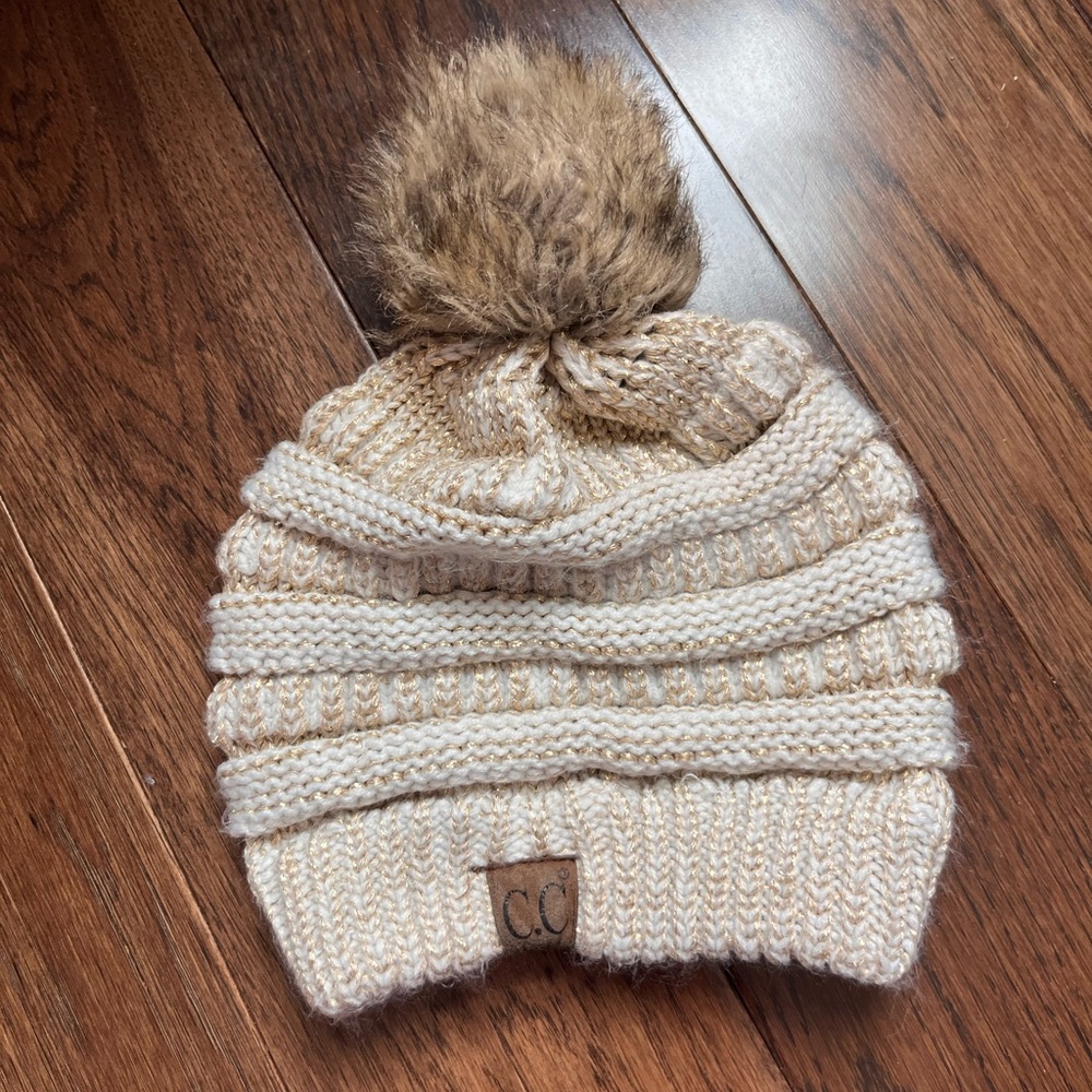 C.C Kids Knit Beanie with Pom - Cream